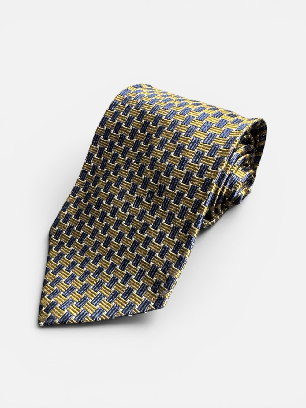 Tiffany & Co mens brown blue check jacquard 100% silk luxury neck tie EUC